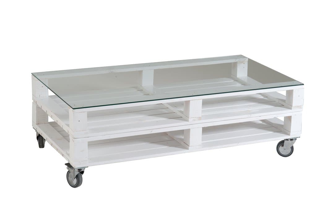Castagnetti 1928 Double pallet coffee table, Up down with glass, Fir wood, white