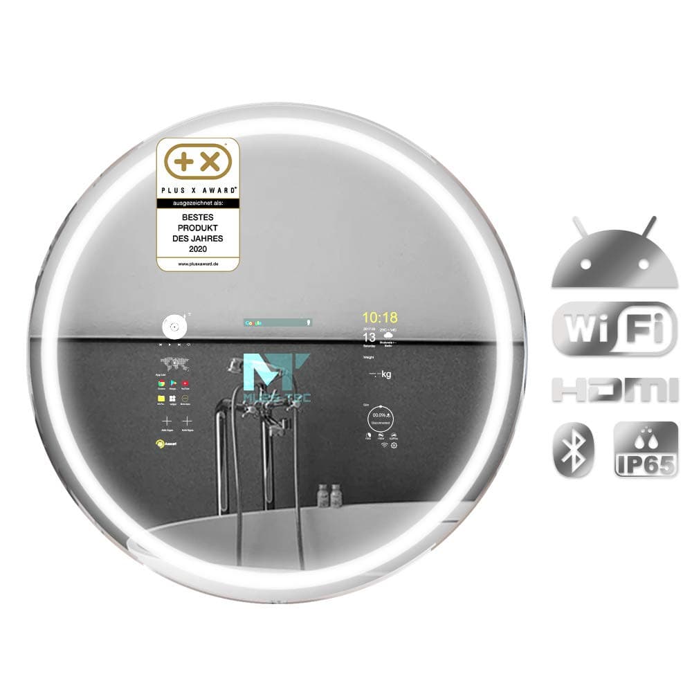 Mues-Tec Round Smart Mirror, Elegant Digital Android Smart Mirror MIA 70, Touch & Voice Control (Alexa), Smart Home Control, Google PlayStore, Interior Design Accessory with Internet Connection