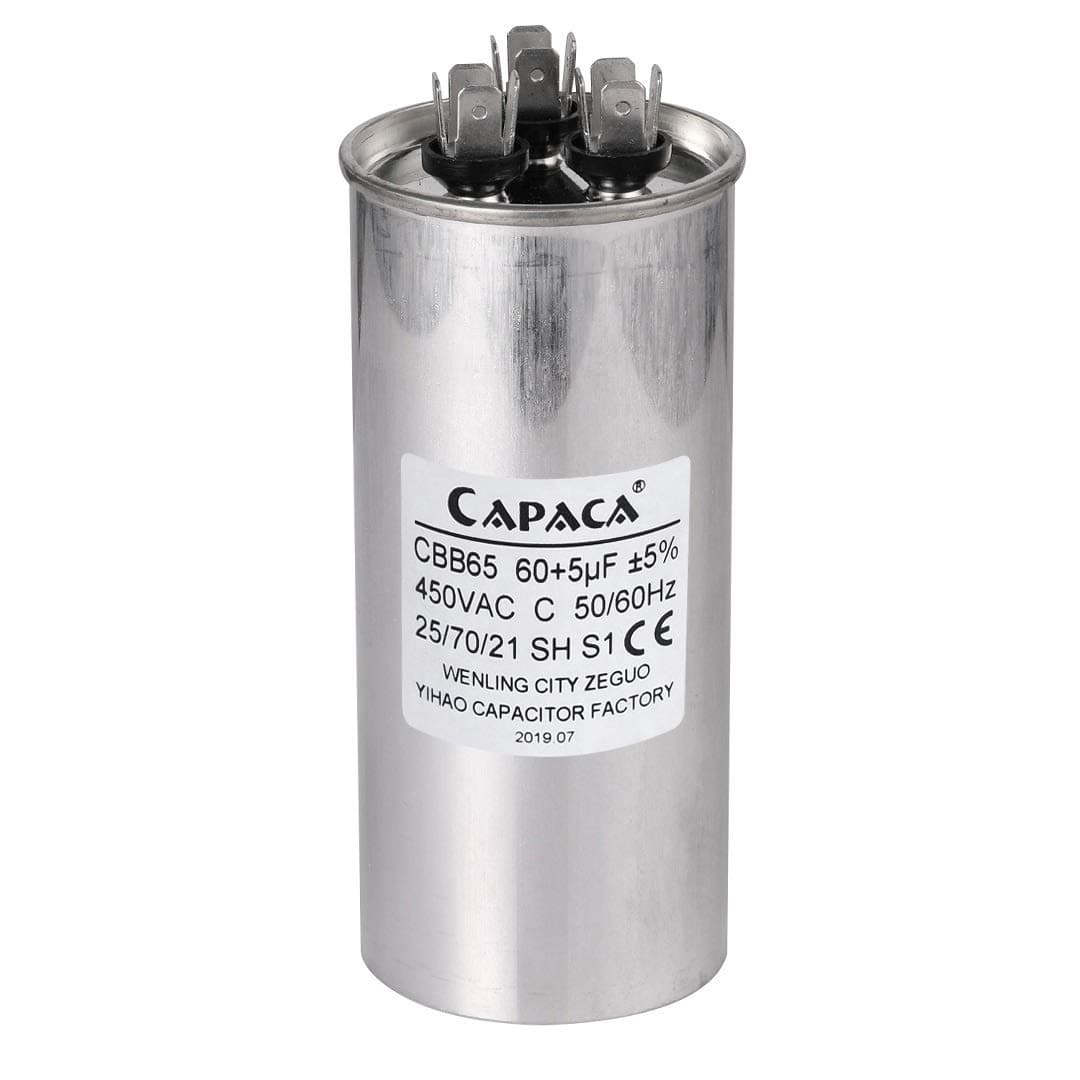 60+5 MFD uF Air Conditioner Capacitor Round Aluminum Electrolytic Dual Motor Run Capacitor 450V AC Withstand Voltage for Condenser Straight Cool or Heat Pump of Air Conditioner