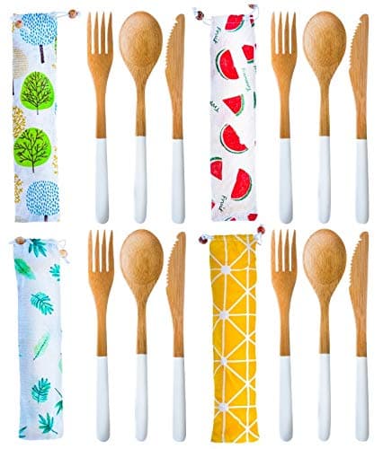 4 Bamboo Cutlery Sets - Bamboo Utensil-Reusable Silverware Sets-Eco-friendly Travel Wooden Utensils-Bamboo Spoons, Forks and Knives with Stylish White Painted Handles and Colorful Individual Cases.
