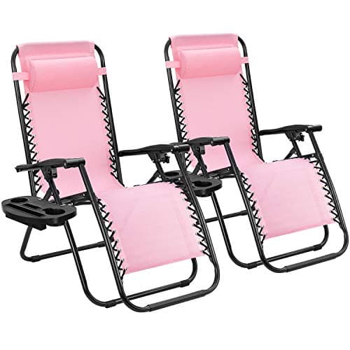 Tuoze Zero Gravity Chairs Adjustable Outdoor Folding Lounge Patio Chairs with Pillow Recliners for Poolside, Beach, Yard Set of 2 (Pink)