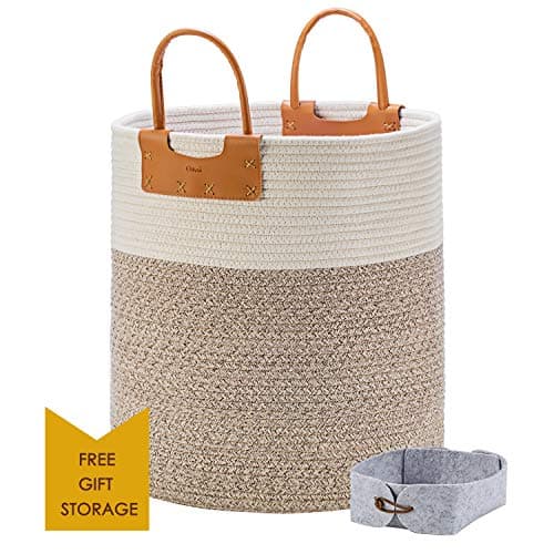 Large Woven Storage Basket, Tall Rope Baskets for Blankets with Leather Handles, Decorative Clothes Hamper Basket for Living Room, Baby Kids Room Toy Baskets, Use for Sofa Throws Pillow 15x 18”