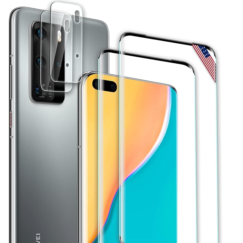 (2+2 Pcs) Screen Protector for Huawei P40 Pro 5G Screen Protector (2 Pcs)+Camera Lens Protector (2 Pcs),9H Hardness, Scratch Resistance, No Bubbles, Suitable HD Tempered Glass for Huawei P40 Pro