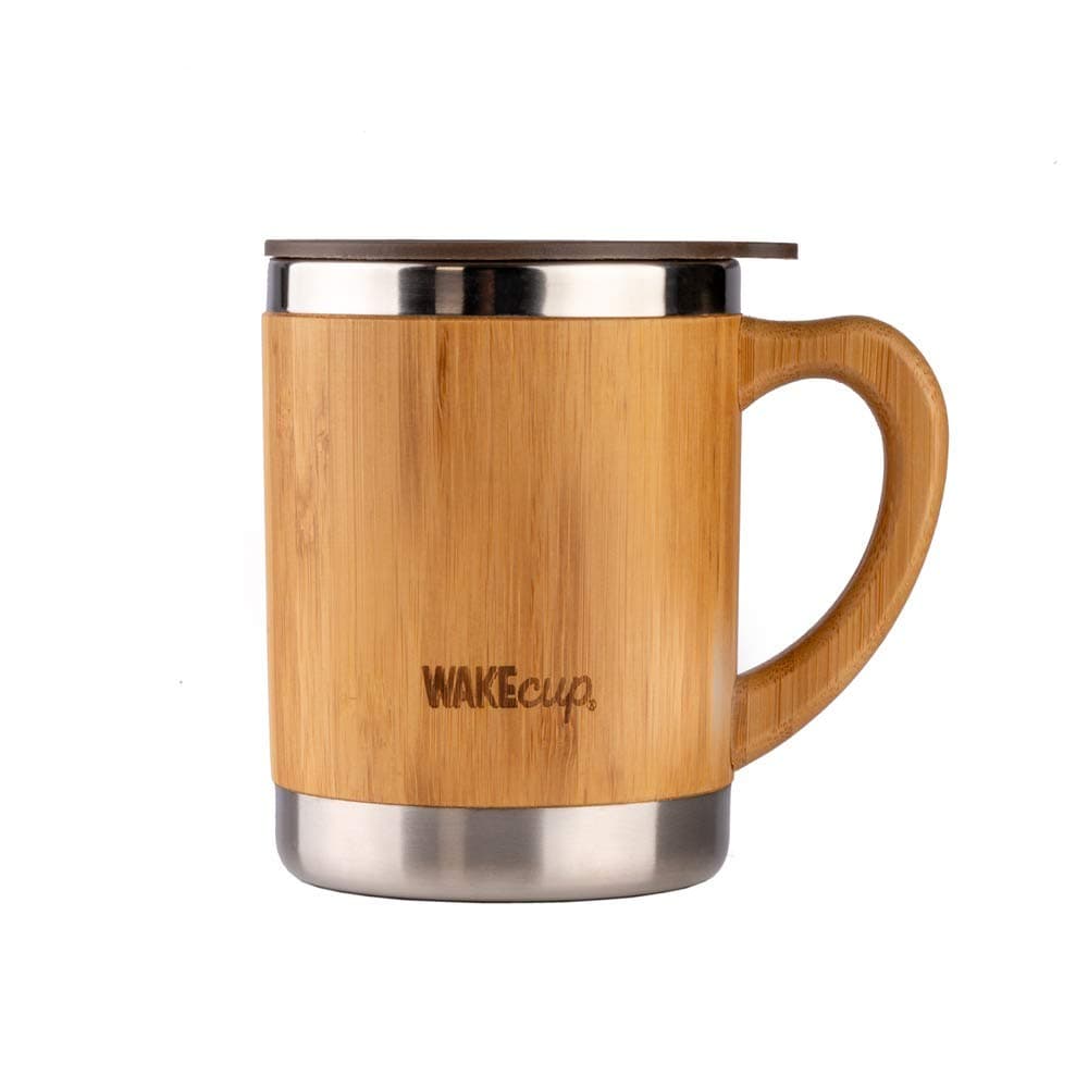 Reusable Bamboo and Stainless Steel Travel Mug Double Walled Eco Friendly with Handle and Lid Sustainable Materials