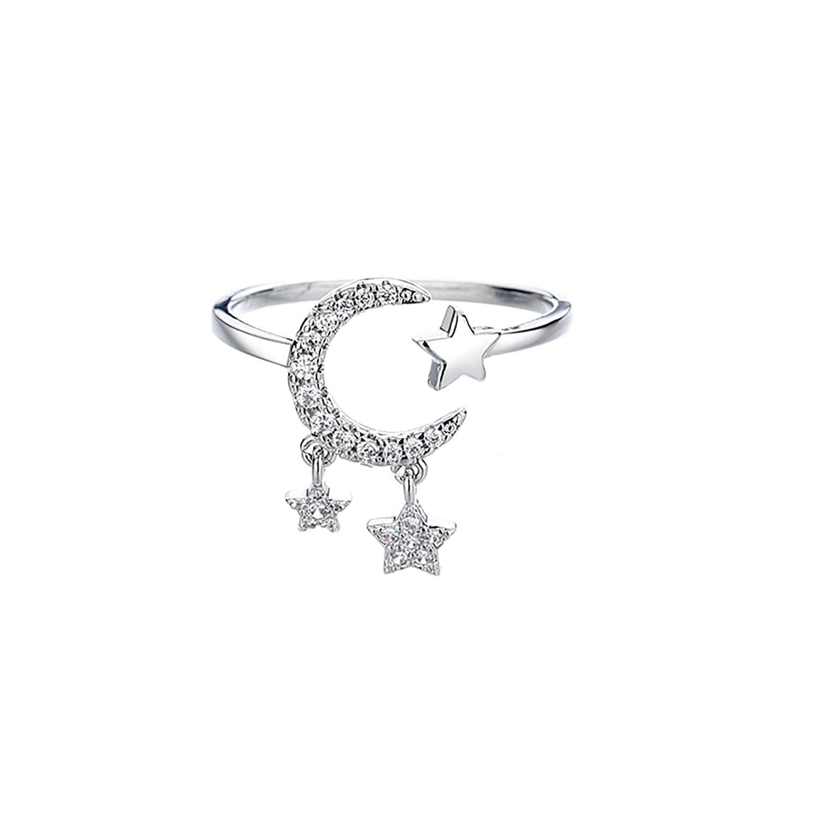 HUASAI Rhinestone Moon Ring for Women Silver Chunky Ring Boho Moon and Star Ring Open Adjustable Ring Jewelry Gift for Girls