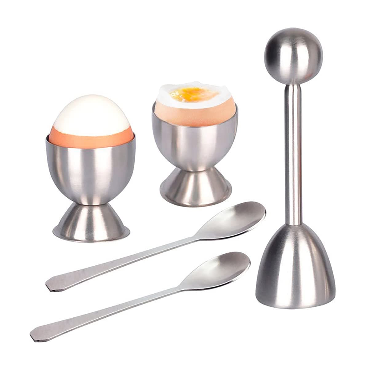 Xicennego Egg Cracker Topper Set of 5 - Includes 2 Egg Cups, 2 Spoons and 1 Cutter - Stainless Steel Easy Egg Opener