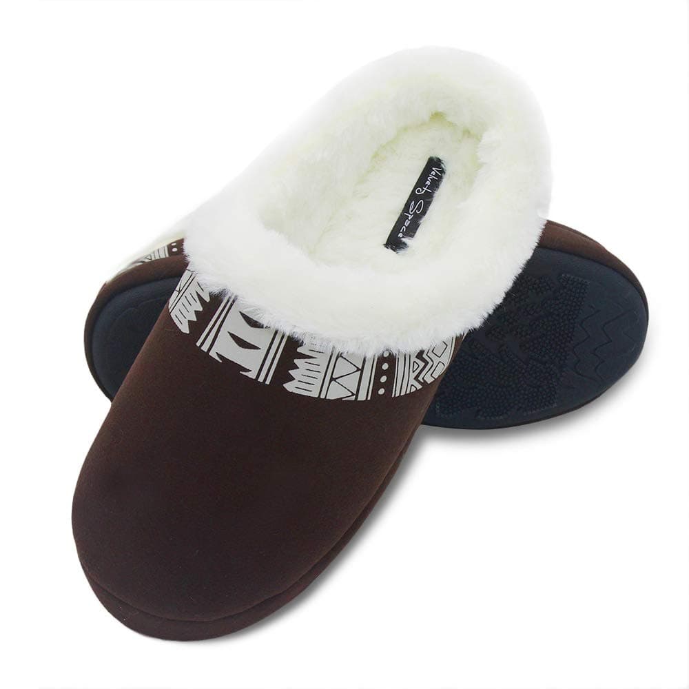 Women's Comfort Slippers, Knitted Cotton Slippers Cozy Memory Foam Anti-Slip Rubber Sole Indoor Slippers (7-8, Deep Brown)