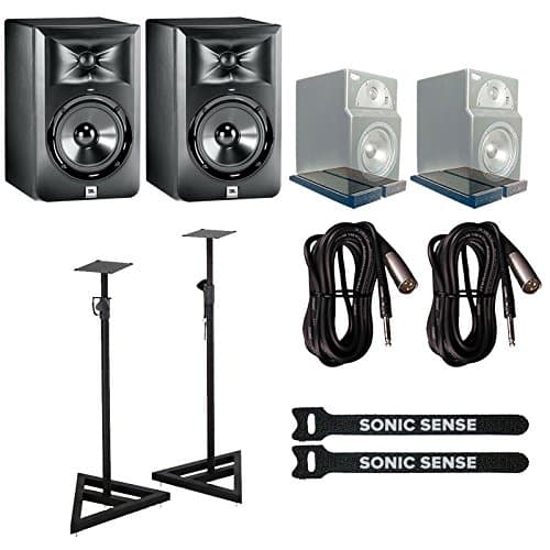 JBL LSR305 Studio Monitors PAIR with Monitor Stands, IsoPlanes Isolation Pads, Straps & Cables Bundle