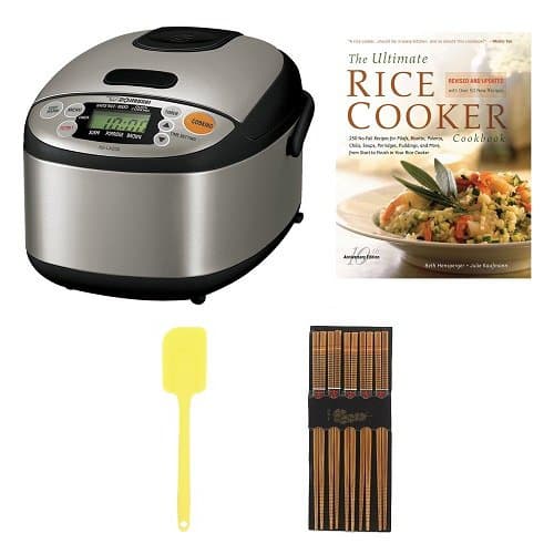 Zojirushi NS-LAC05 Micom 3-Cup Rice Cooker and Warmer Bundle with Cookbook + Silk Wrapped Chopsticks + Bamboo Spatula Spoon