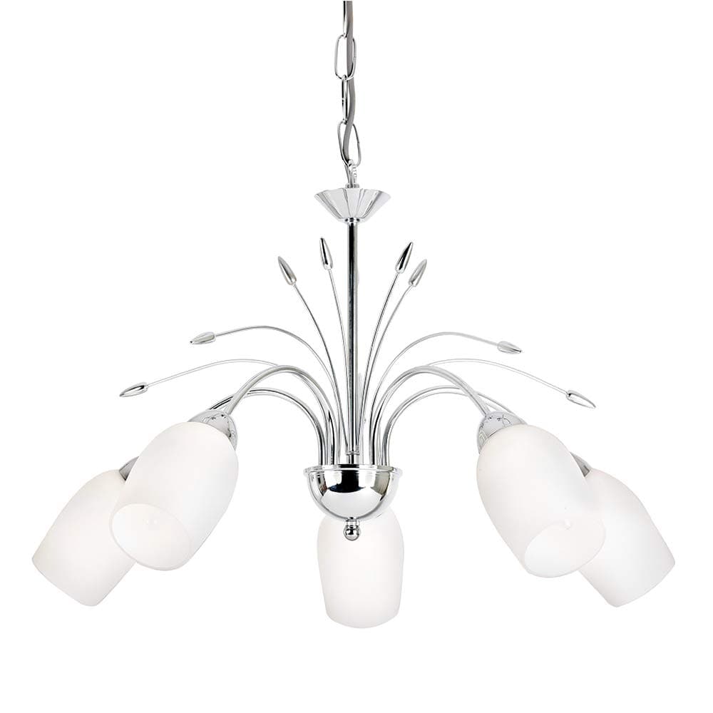 Albert Decorative 5 Way Branch Arm Silver Chrome E14 LED Compatible Pendant Ceiling Light with White Glass Shades