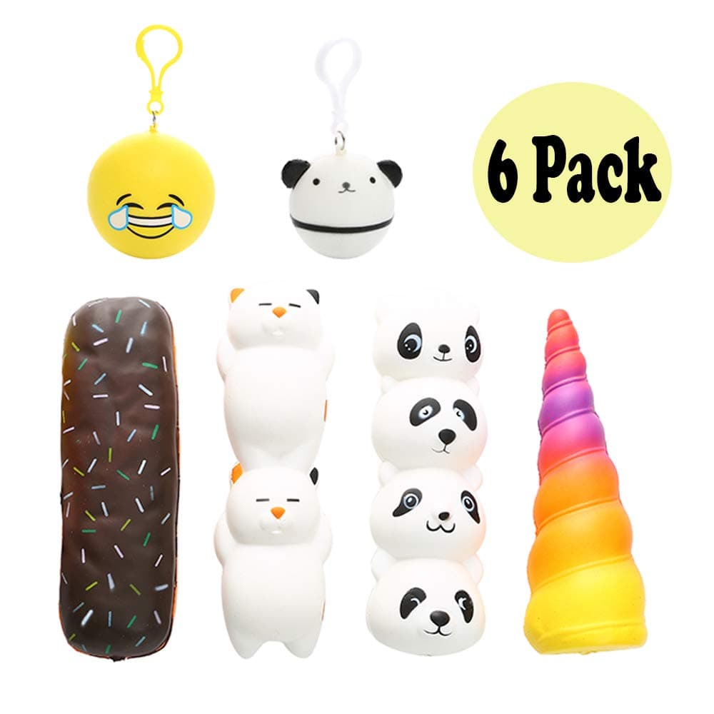 Sinofun 6 Pack Jumbo Scented Squishy Pen Grip, Cute Soft Slow Rising Pencil Topper Set(Panda/Cat/Unicorn/Ice Cream), Panda/Bun Keychain, Party Favors/ Classroom Prizes/ Gifts for Boy/Girl/Kids