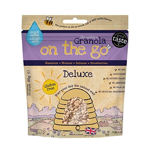 Shropshire Granola – Deluxe | Gluten Free | Wholegrain | No Refined Sugars | No Palm Oil | Planet-Friendly Spoon included, just add water – 65g (Pack of 12)