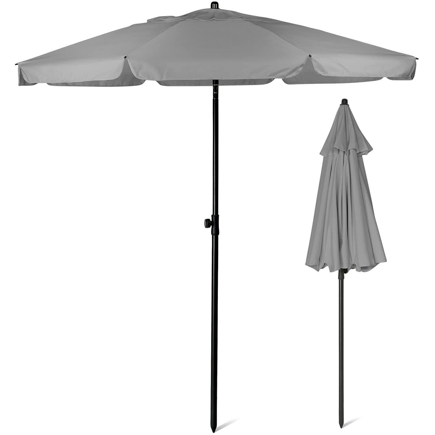 SUNMER 2M Grey Beach Umbrella, Beach Parasol, Water Repellent, UV Light Protection, Easy to Open and Close, Garden Outdoor Parasol With Tilt Mechanism