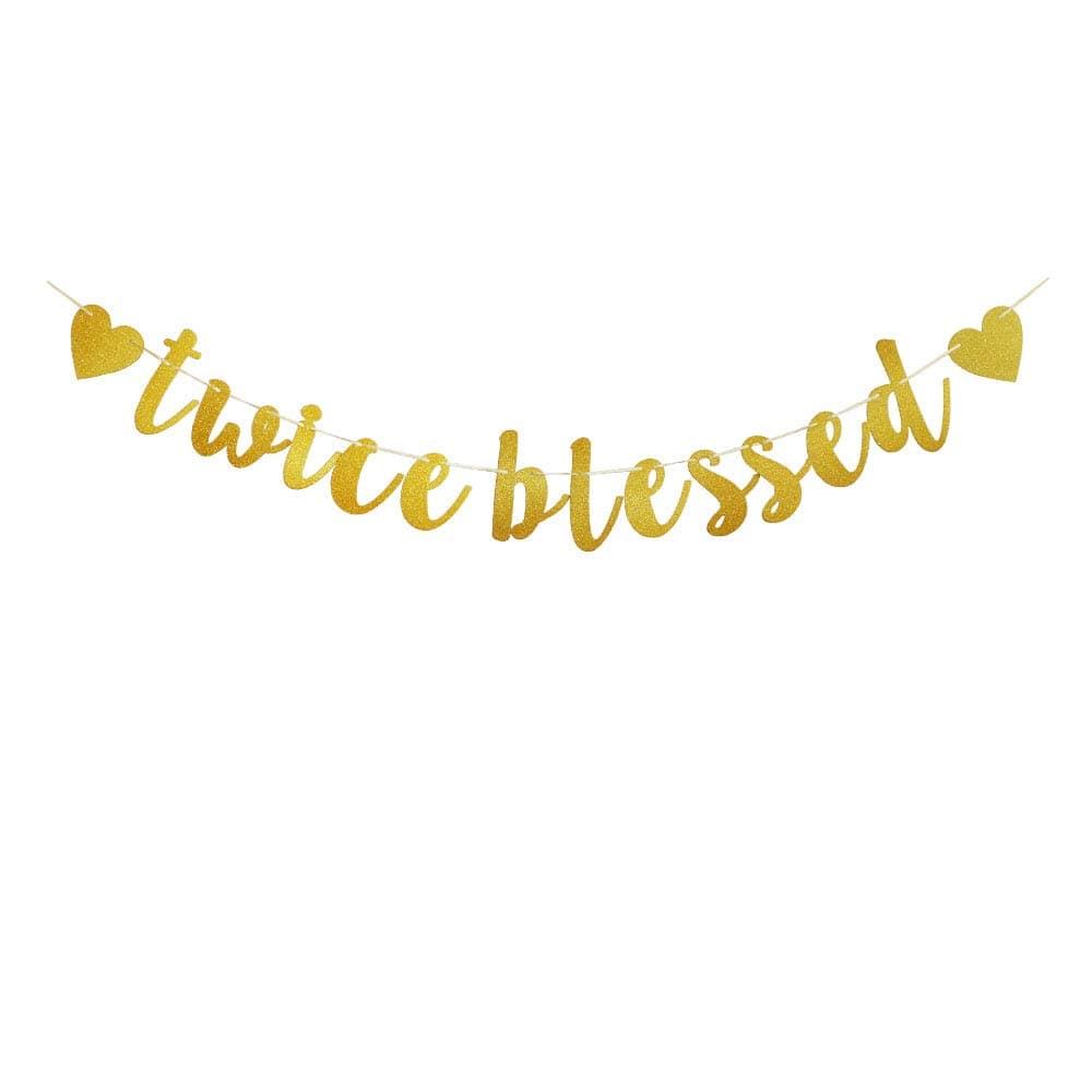 Twice Blessed Banner, Gold Glitter Twins Baby Shower Party Sign Decoration Supplies