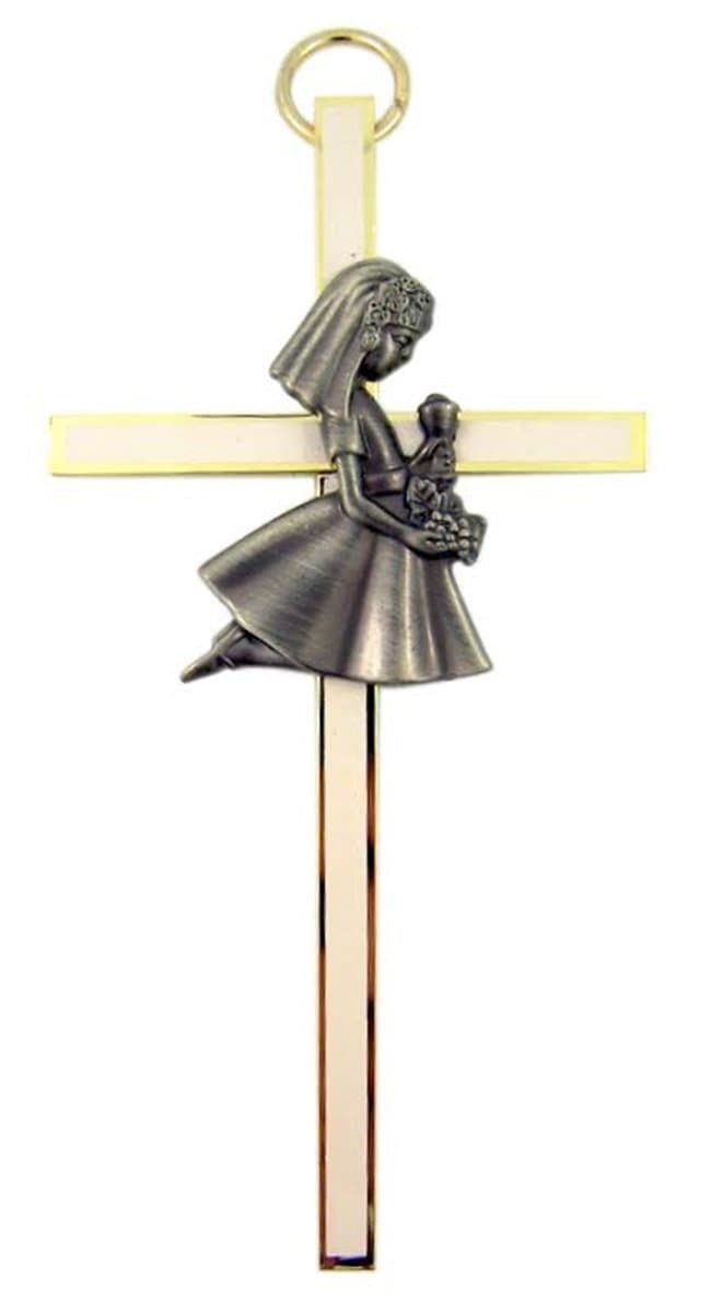 singer star case White Enamel First Holy Communion Brass Wall Cross, 4 Inch (Girl)