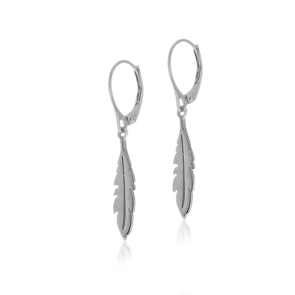14k White Gold Feather Drop Earrings Bohemian Dangle Earrings Boho Jewelry