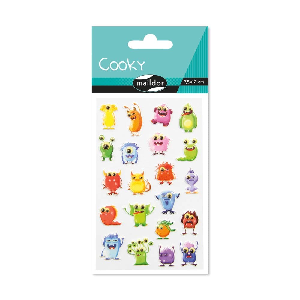 Maildor - Ref 560503C - Cooky Stickers (Single Sheet) - 7.5 x 12cm - Monsters Designs - Approximately 21 Stickers, 3D Stickers, Suitable for Children Aged 3+