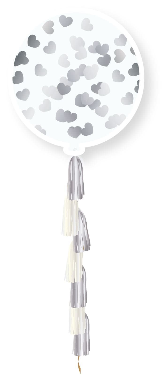 Globos Payaso36" Clear Transparent Balloon With Pre-Loaded Silver Heart Shaped Confetti And Tassel Tails