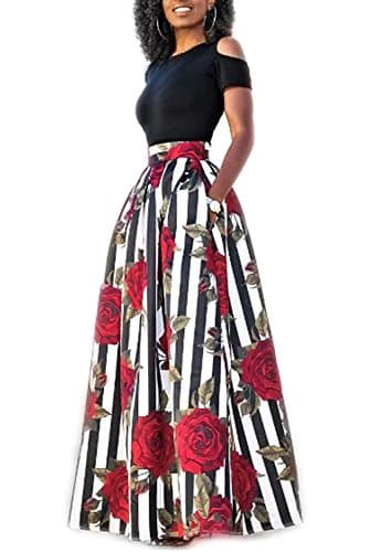 Miiyana Women's Cold Shoulder Two Piece Floral Print Long Party Skirts Dress L Rose