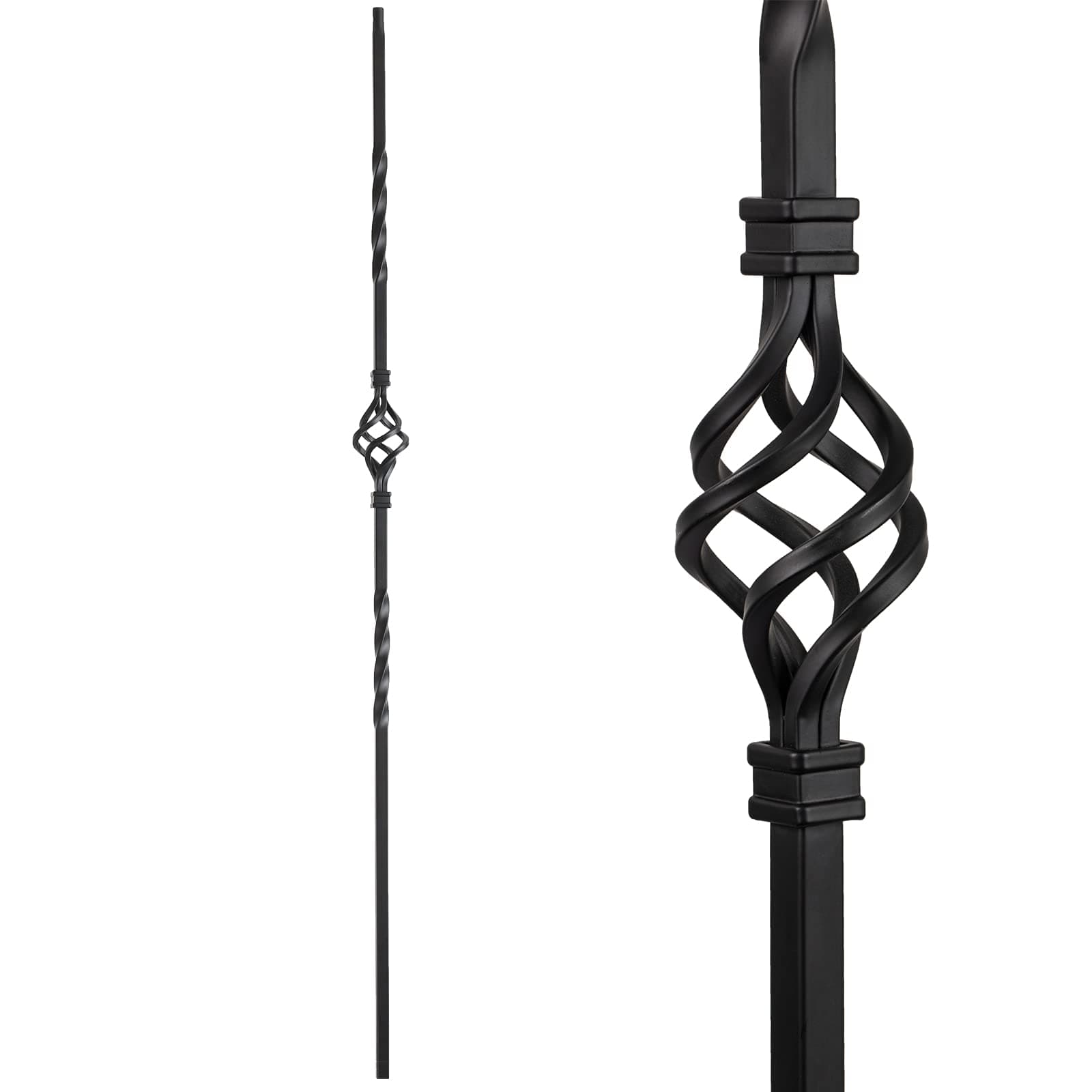 Wrought Iron Balusters – Set of 10 Decorative Metal Balusters for Decks – Spiral Stair Railing – 1/2-inch Hollow Single Basket Iron Spindles – Satin Black Metal Railing