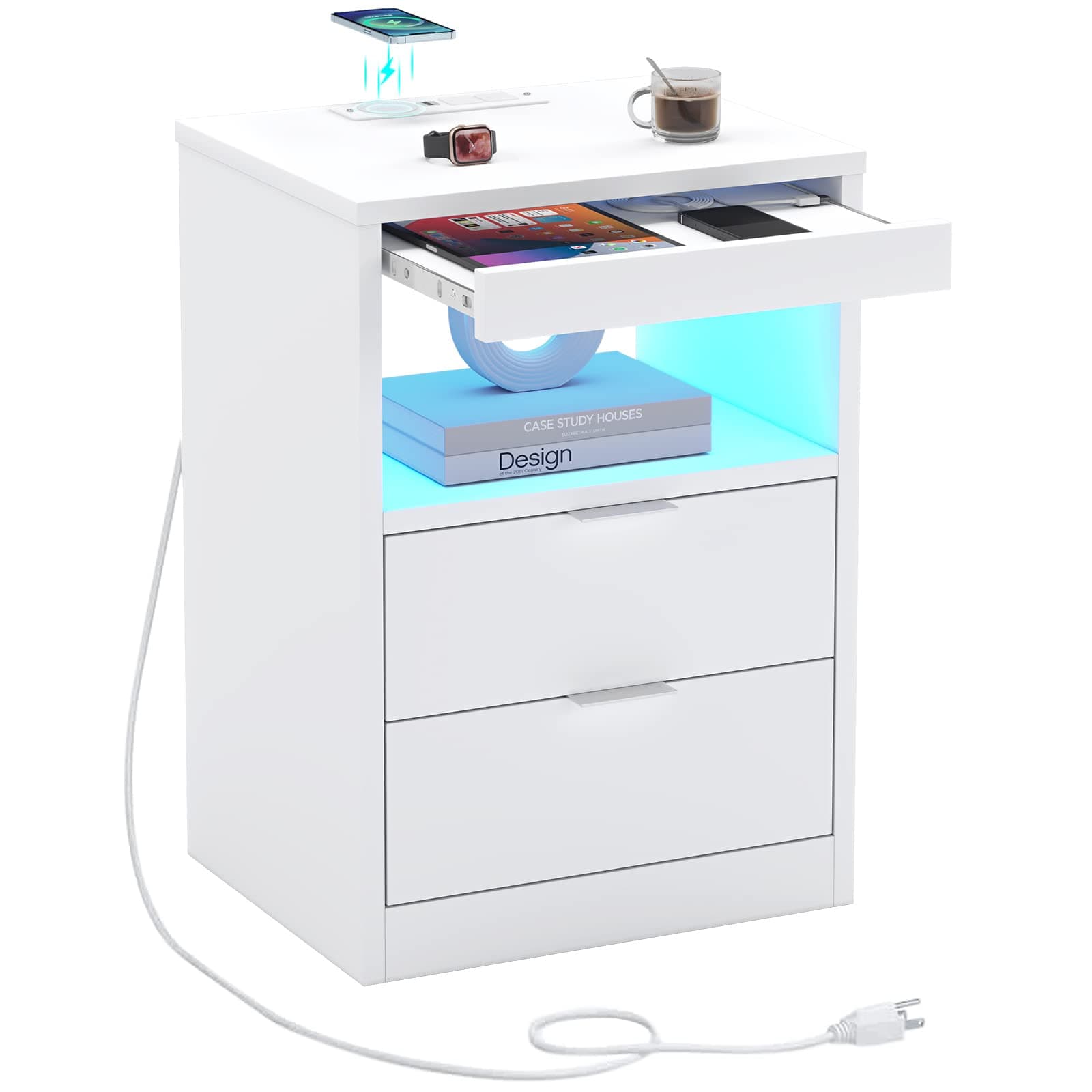 LED Nightstand White Nightstand with Wireless Charging Station 2 Drawers, Modern Bedroom End Side Table with LED Lights, Wooden Sofa Bedside Table with Pull-Out Shelf