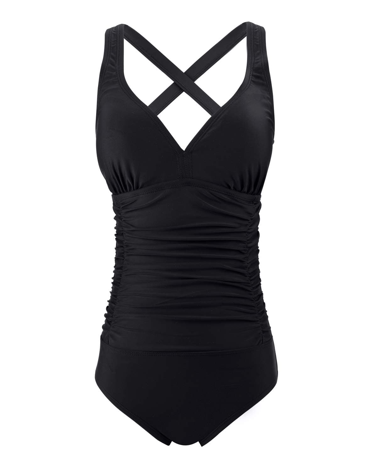 F FLYRONGWomen's Swimming Costume Ruched Tummy Control Swimwear V Neck One Piece Cross Strap Swimsuit, UK 12-14, Black