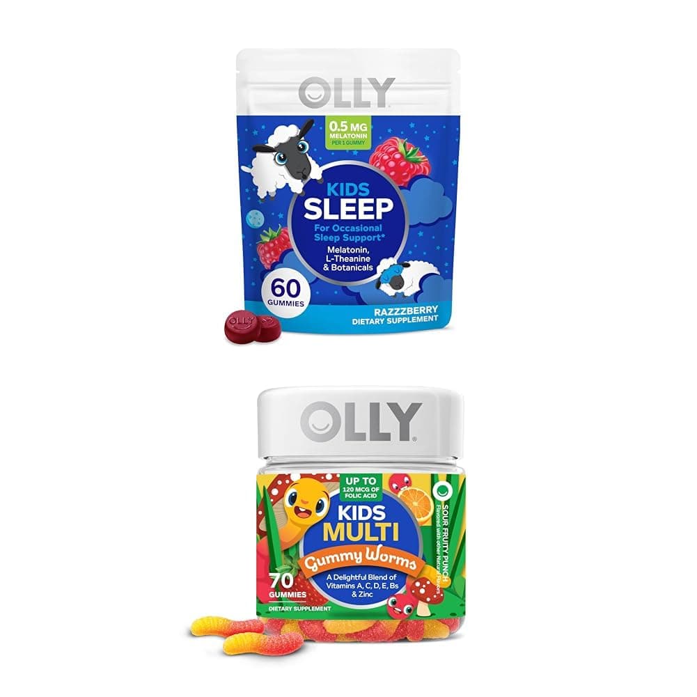 Kids Sleep Gummy, Melatonin, L Theanine, Chamomile, 60 Count and Kids Multivitamin Gummy Worms, Vitamins A C D E Bs Zinc, 70 Count