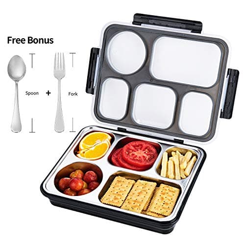 Large Adults Bento Lunch Box - Leakproof food container with Removable Stainless Steel Tray - 5 Sections for Snacks on The Go - Eco-Friendly, Dishwasher Safe, BPA-Free(Large-Nordic Black)