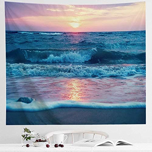 IcosaMro Ocean Tapestry Wall Hanging, Sea Beach Wave Sun Cloud Landscape Scenery Nature Wall Art [Double-Folded Hems] Bohemian Home Decor for Bedroom, Dorm, College, Living Room, 60x82.7, Blue