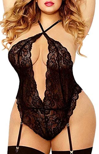 EVELUSTPlus Size Lingerie for Women, Twisted Keyhole Opening High Criss-Cross Plunging Lace Trim Teddy