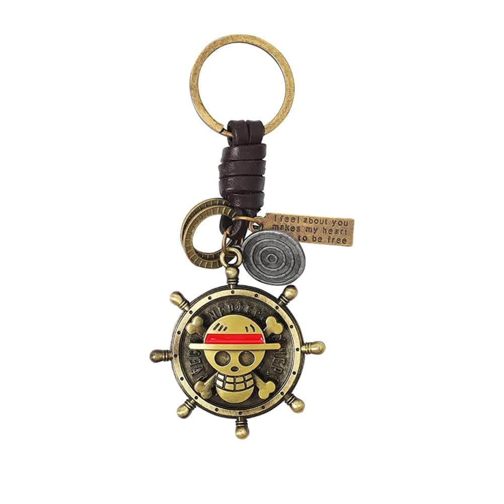 Luffy Keychain Anime A PIECE Skull Rudder Hat Model Rotatable Metal Key Chain,Vintage Leather Key Ring Anime Accessories