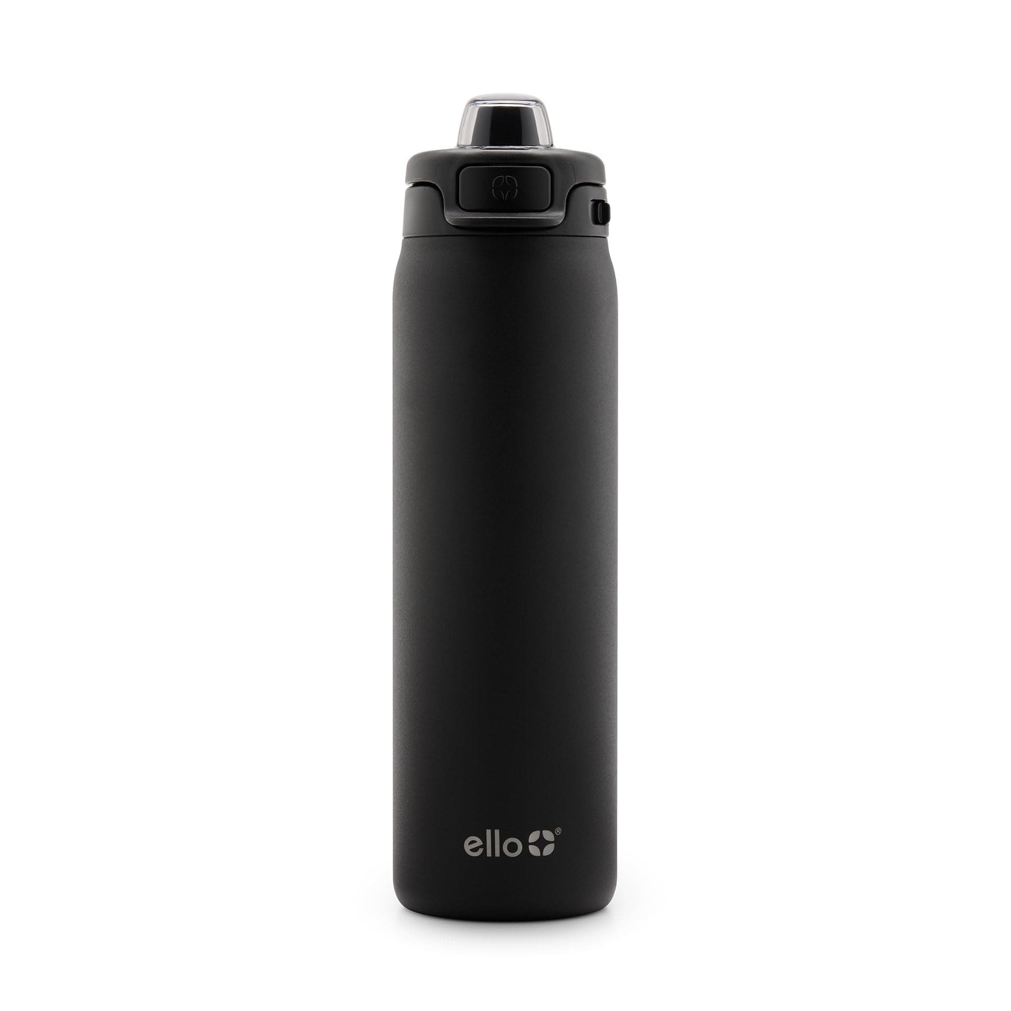 Ello Pop & Fill 22oz Stainless Steel Water Bottle with Quick Fill Technology, Double Walled and Vacuum Insulated Metal, Leak Proof Locking Lid, Sip and Chug, Reusable, BPA Free, Black