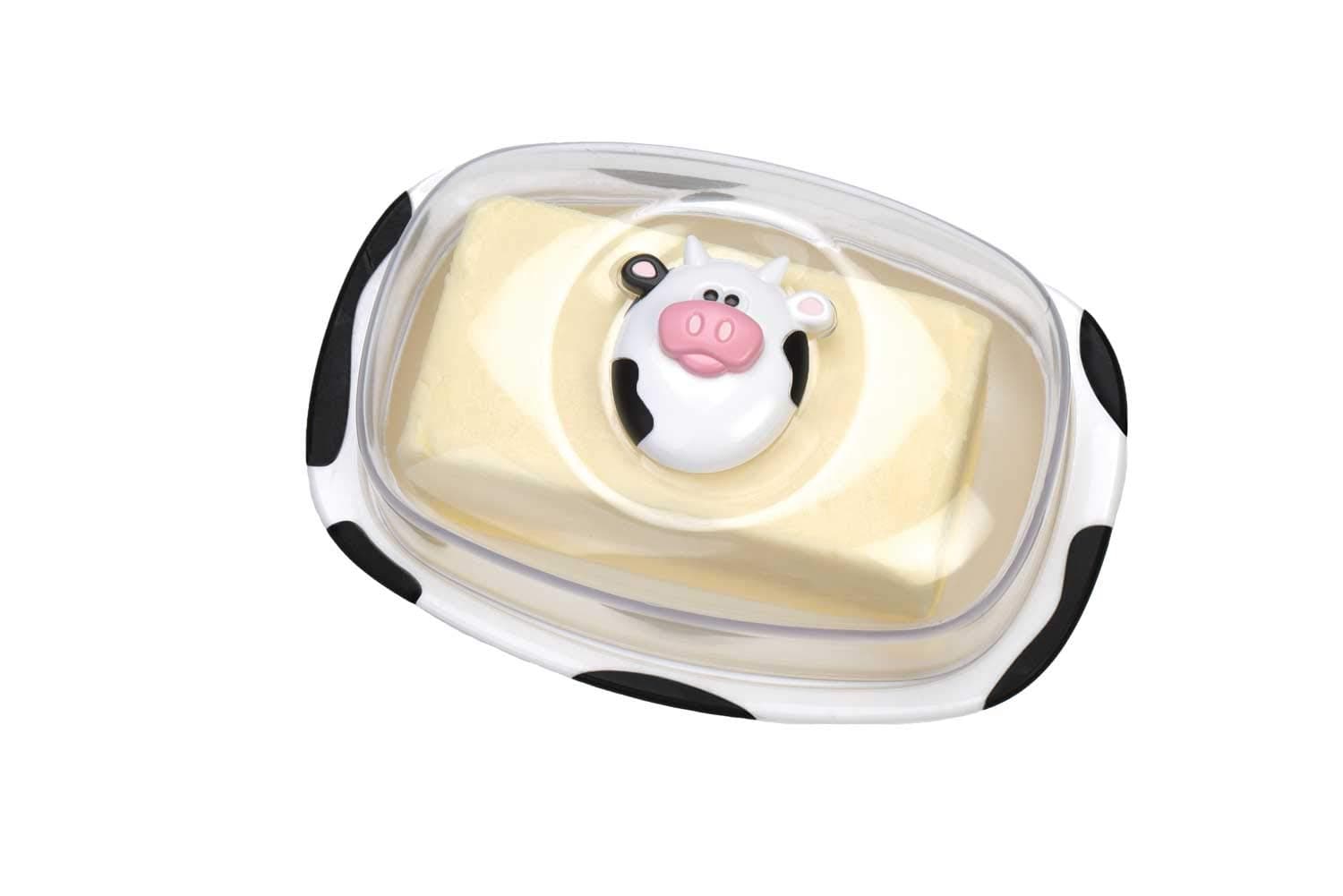 Joie Moo Moo Butter Dish with Clear Lid, 1 Pound Large Capacity Holder, Cute Cow Refrigerator Storage Container, Durable Plastic, Keeps Butter and Cheese Fresh and Flavorful