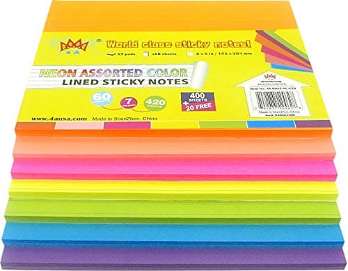 Sticky Notes,6 x 8 Inches,Large Size,7 Different Neon Colors,Lined,Self-Stick Notes,60 Sheets/Pad,7 Pads/Pack,4A 6087-NL-420