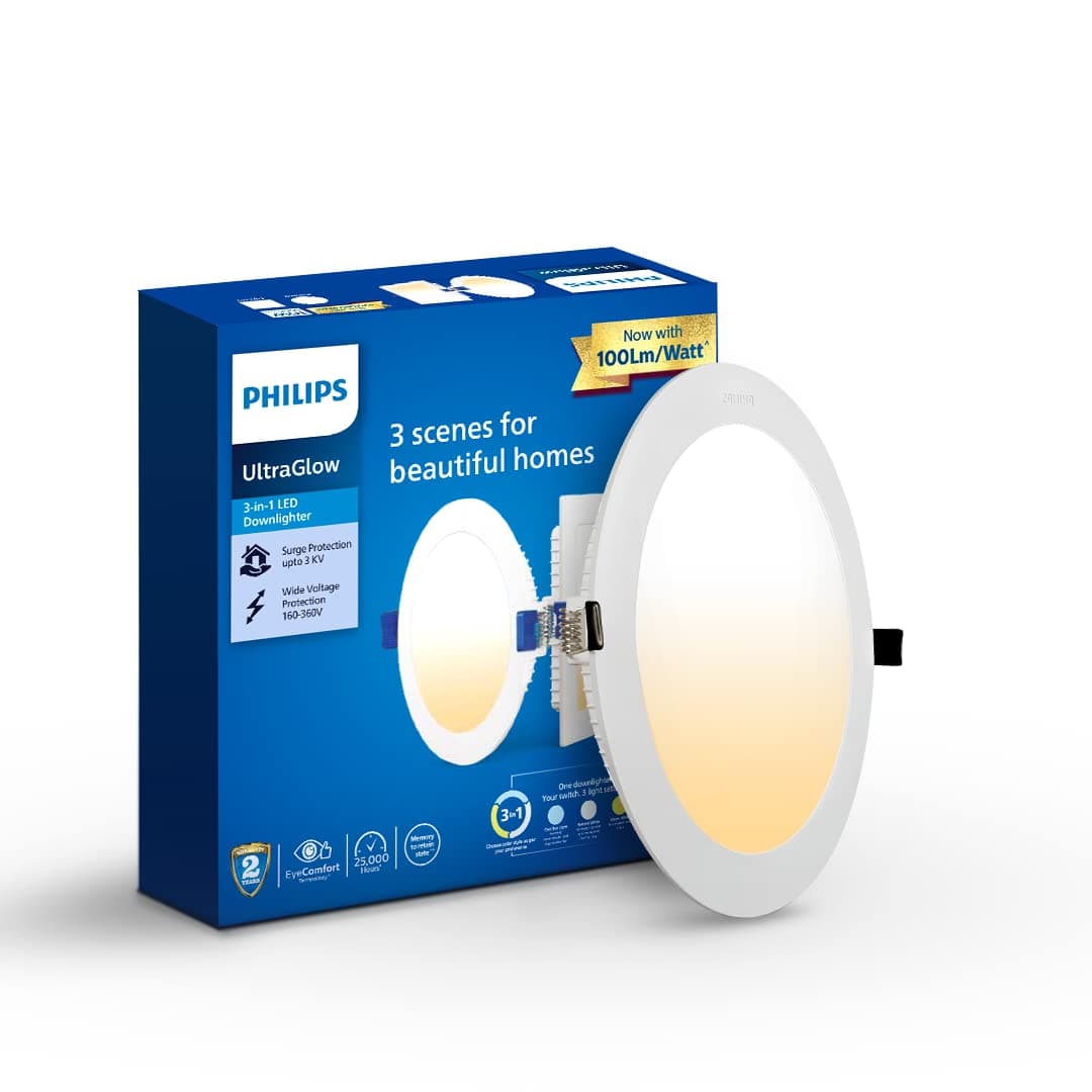 PHILIPS Ultra Glow 15-watt Round LED Downlighter | 3 Colors in 1 Recessed LED Downlight | LED Ceiling Light for Home | Cut Out: 6 inch, Color: Tunable White, Pack of 1-Polycarbonate