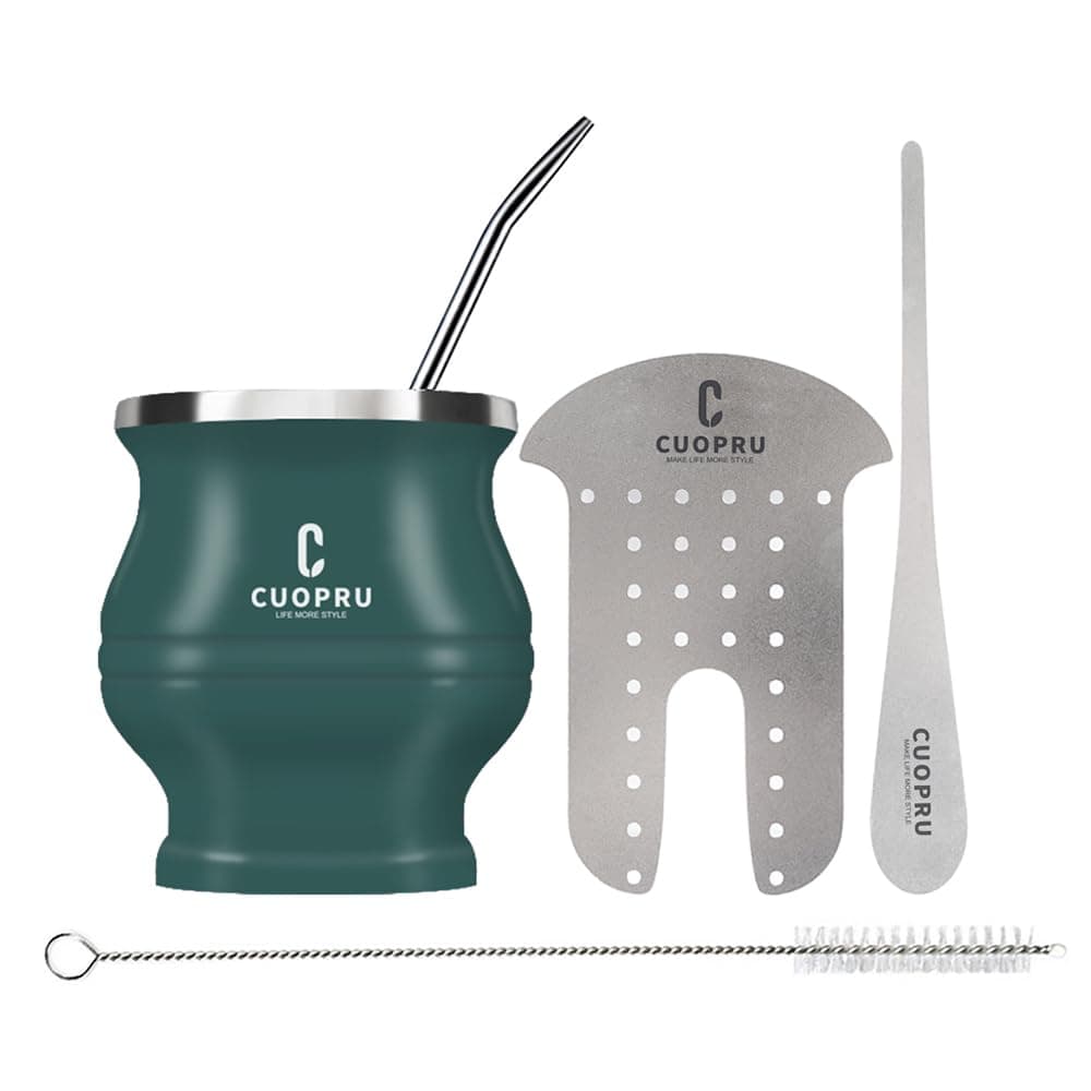 Yerba Mate Cup and Bombilla Set - Modern Cup, Shaper Set, Straws, and Cleaning Brush (Army Green)