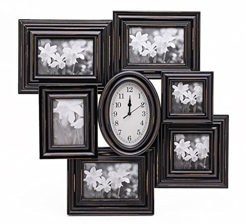 ZingVic High-end Decorative Black Wood Collage Picture Photo Frame with Glass Front - Multiple Coating and Scraping Color - 6 Openings with Clock - Wall Hanging