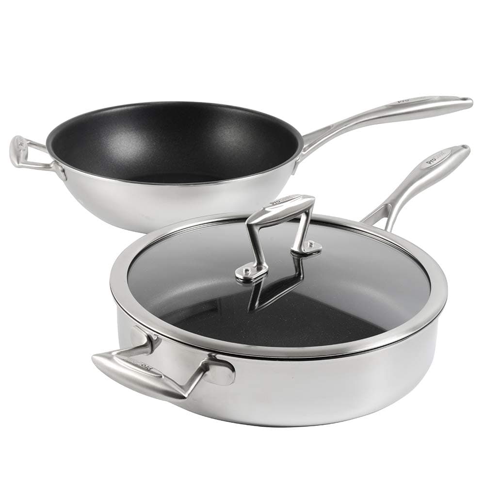 Elite Tri-Ply Non-Stick Wok and Saute Pan - Stainless Steel Pan Set - 28cm - Induction Pans - Saute and Stir-Fry Meat, Vegetables and More - Toughened Glass Lid - Heat-Resistant Handles