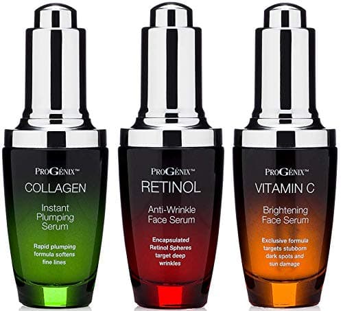 ProgenixProfessional Skin Care Set. Anti-aging serum set contains Collagen Serum, Retinol Serum, Vitamin C Serum. Helps with the appearance of wrinkles, plump skin, and brighten skin. 1oz each.