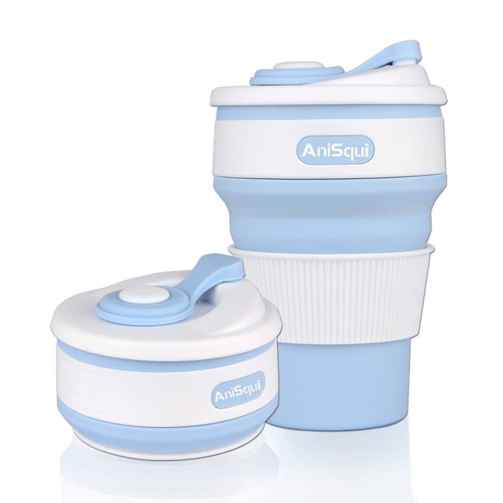 Anisqui Collapsible Coffee Cup Silicone with Lid, (12oz Portable Reusable Coffee Cups), Travel Collapsible Silicone Drinking Coffee Cup, Foldable Coffee Cup (Blue)