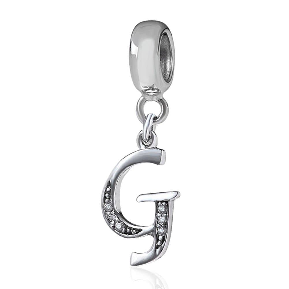 Sambaah Alphabet Charm Letter Beads Solid 925 Sterling Silver with Cubic Stones, Complete A~Z Gift Options fit Pandora European Bracelets (G)
