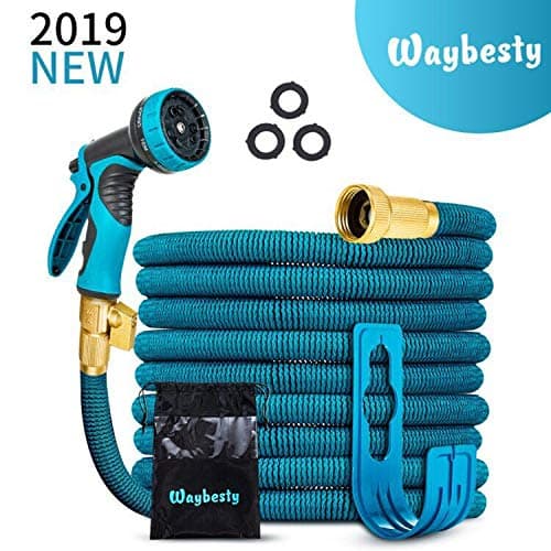 Waybesty Flexible and Expandable Garden Hose-2019 New Model Expandable Hose with Double Latex Core-3/4 Solid Brass Connector-Heavy Duty Leakproof Water Hose with 9 Function Spray Nozzle (Blue, 50)