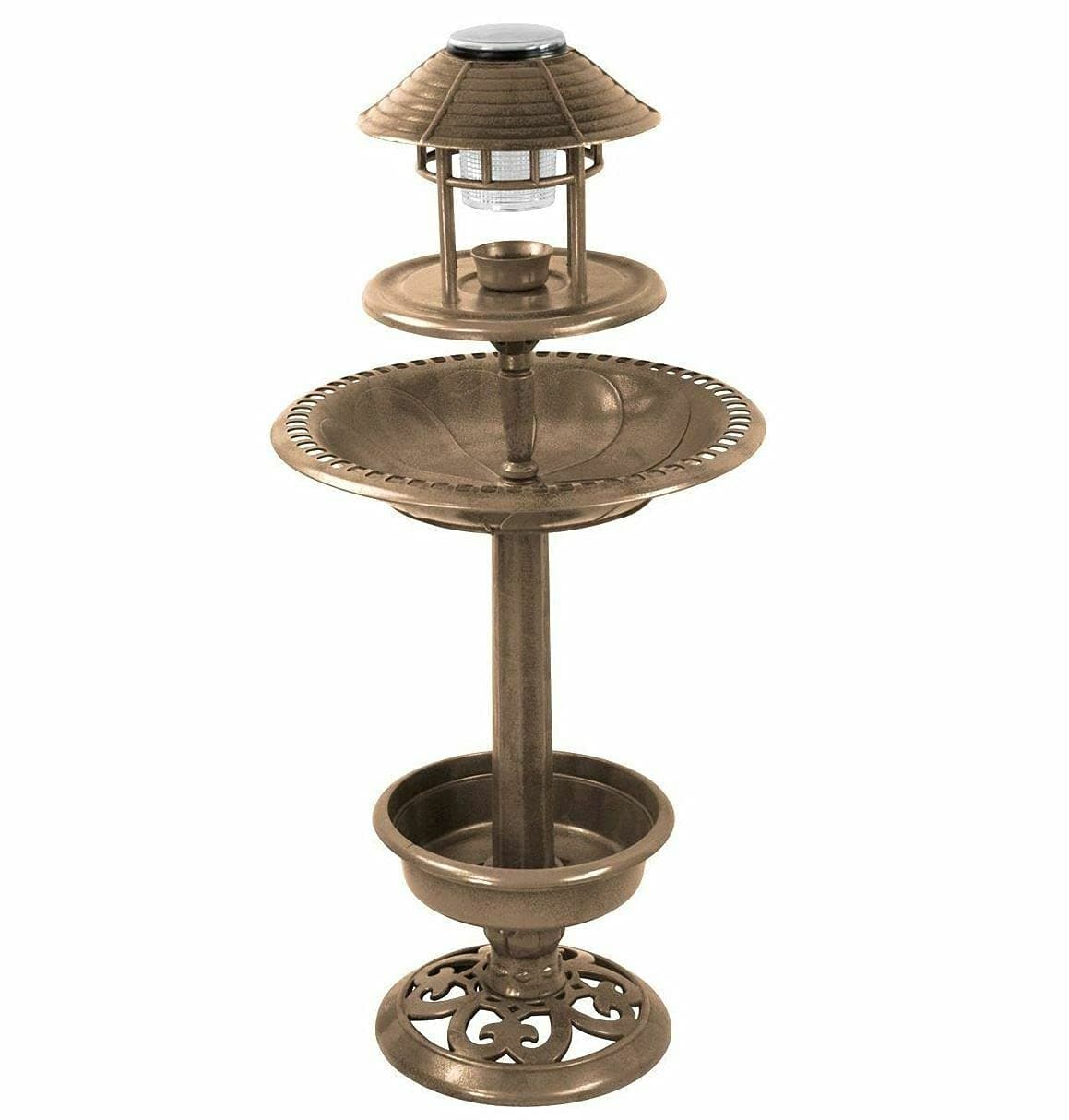 Ornamental Garden Bird Feeder Bath Hotel Feeding Table Station with Solar Light (Bronze)