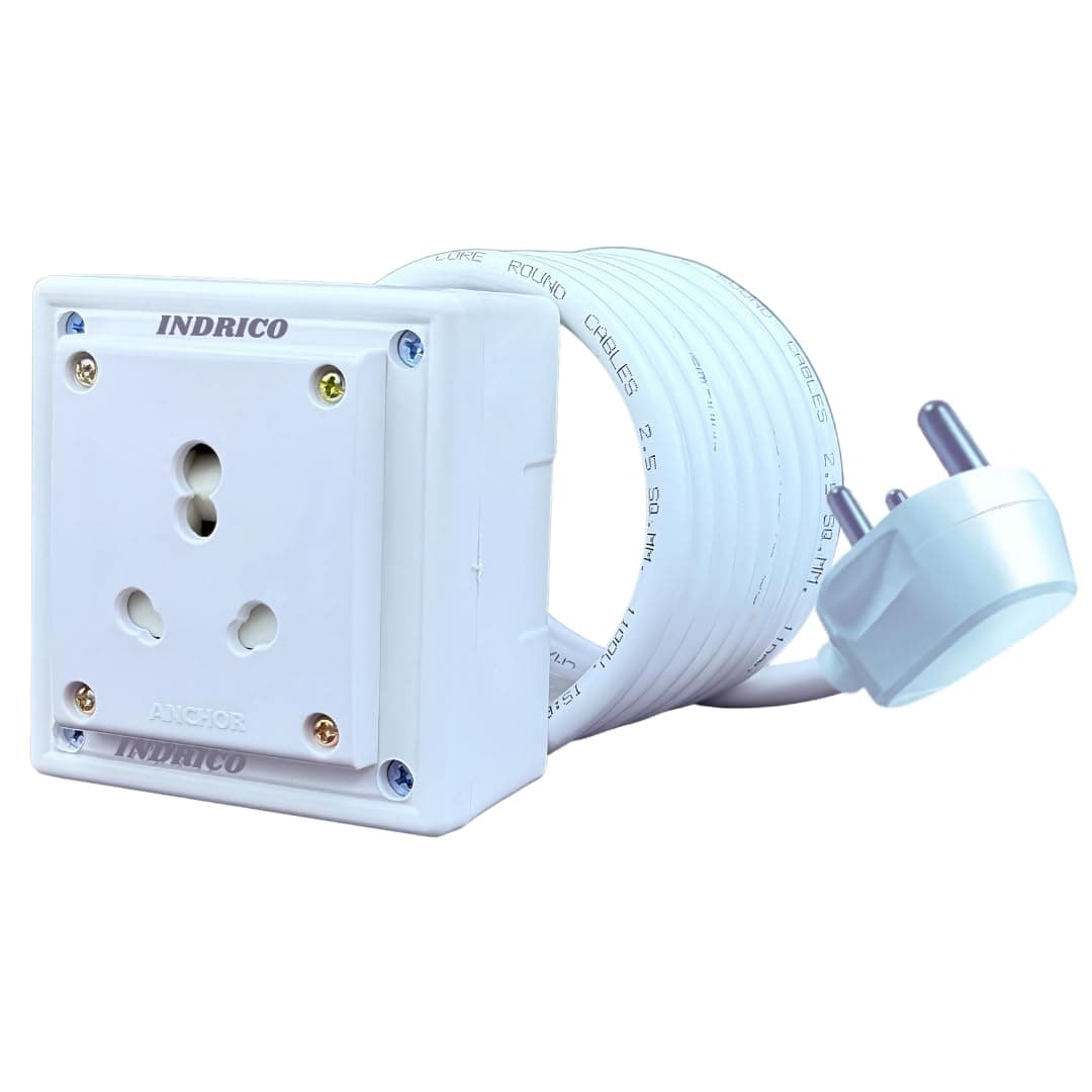 INDRICO Extension Board Heavy Duty 1 Socket 15A 16A 20A High Load Capacity 3000 Watts With 16A Big Plug Pvc White (2 Meter),220Volts