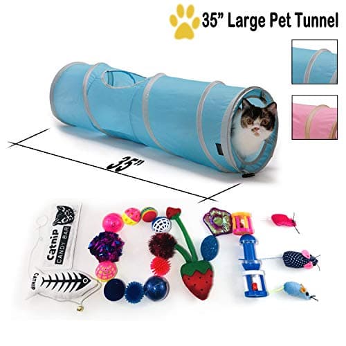 Maximum Mark 22 Cat Toys Kitten Toys Assortments, 2 Way Extra Large Cat Tunnel, Long 35 Inch Pet Tunnels Pink and Blue Colors - Fish, Fluffy Mouse, Crinkle Balls for Cat, Puppy, Kitty, Kitten