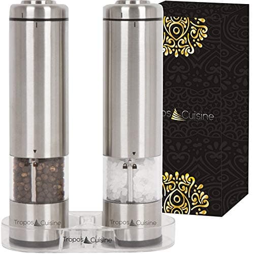 Battery Operated Salt and Pepper Grinder Set by TroposCuisine - 2 Tall Electric Stainless Steel Mills with Mill Stand - Light - Adjustable Coarseness Ceramic Grinders