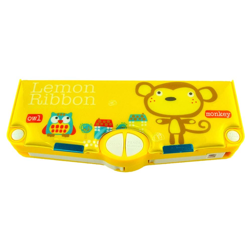 Lemon Ribbon Multifunction Pencil Box Set with Plastic Holder Flat Magnetic Lid Hardtop Waterproof Outside Cute Pop Out School Individual Pen Storage Case for 90s Girl School Kids Gift