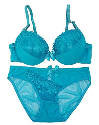 2-Pc Women's Lacy Lace Push-Up Bra & Panties Set - Blue 36B