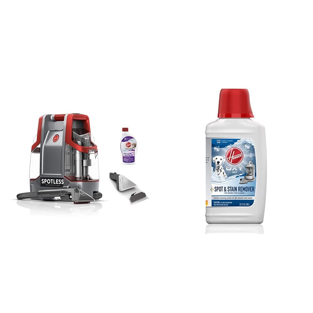 Hoover Spotless Portable Carpet & Upholstery Spot Cleaner, FH11300PC, Red and Hoover Oxy Premixed Spot Cleaner Solution, Stain Remover and Odor Neutralizer for Pets, 32oz Formula, AH30941