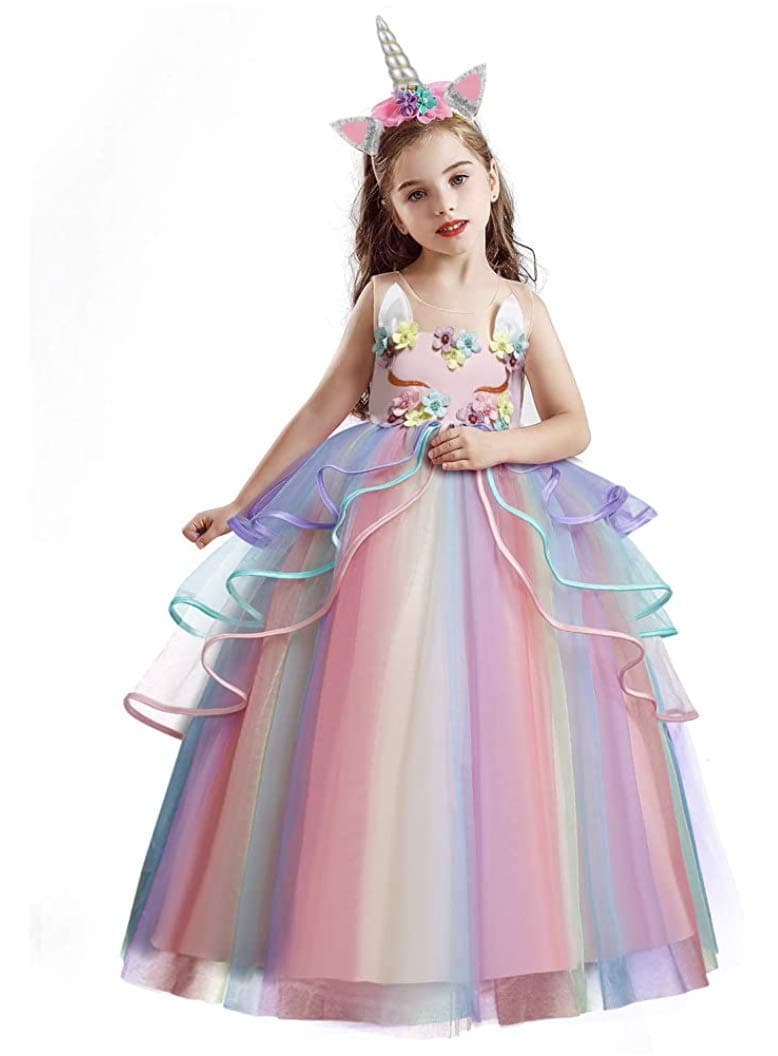 Yalla babY Unicorn Dress Girls with Headband - Maxi Long Gown - Multi Colors - Pageant Party Dress Costume for Girls - 110-140cm 4-10 Years